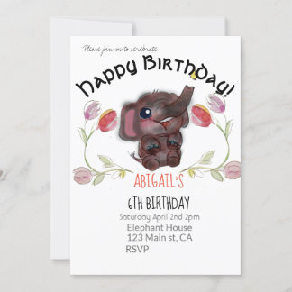 Happy Birthday Elephant and Tulips Invitation
