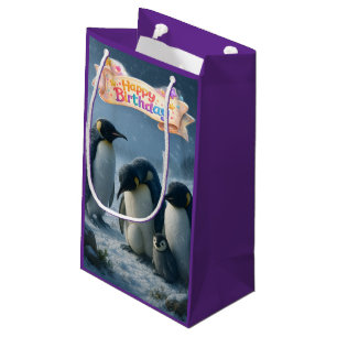Happy birthday, Emperor penguin purple artistic gi Small Gift Bag