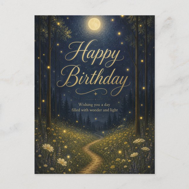 Happy Birthday Enchanted Forest Moonlit Firefly Postcard (Front)