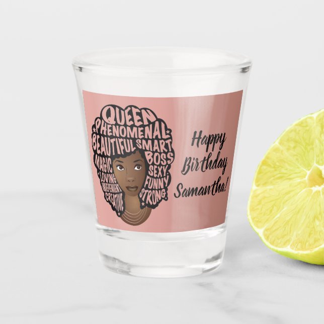 Happy Birthday, Encouraging Black Women, Pink Shot Glass (Front)