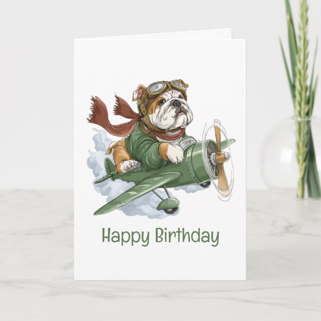 Happy Birthday English Bulldog Pilot Aeroplane Card (Front)