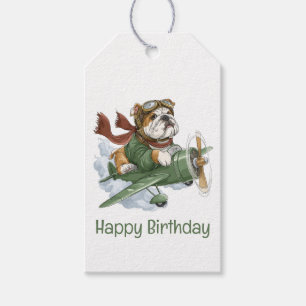 Happy Birthday English Bulldog Pilot Aeroplane Gift Tags