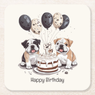 Happy Birthday English Bulldogs Square Paper Coaster