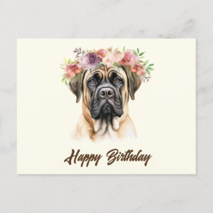 Happy Birthday English Mastiff Dog with Flowers Postcard