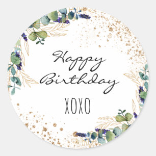 Happy Birthday eucalyptus greenery glitter hugs Classic Round Sticker