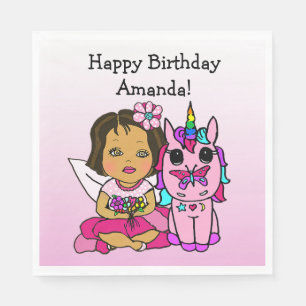 Happy Birthday Fairy and Unicorn Girls Party Napkin