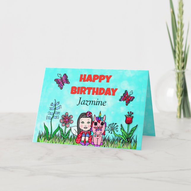 Happy Birthday Fairy and Unicorn Personalised Card (Front)