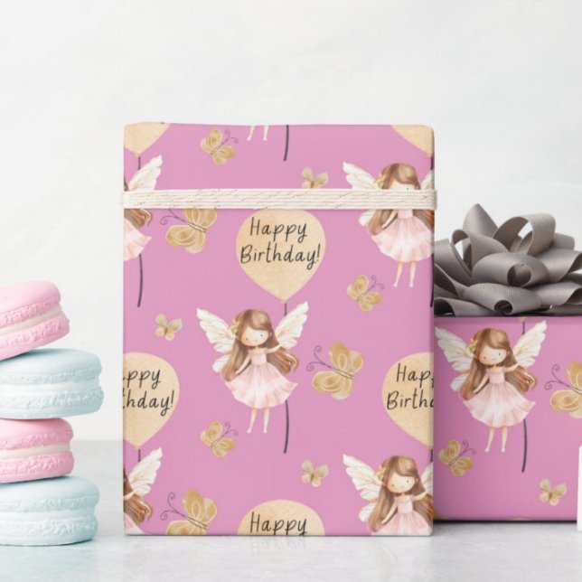 Happy Birthday Fairy Balloon Butterfly Pattern Wrapping Paper (Creator Uploaded)