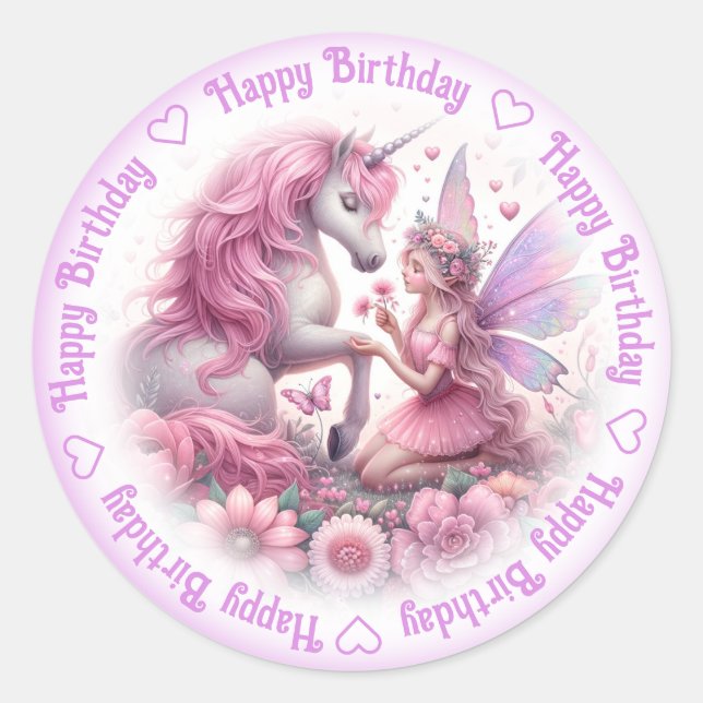Happy Birthday Fairy & Unicorn Classic Round Sticker (Front)