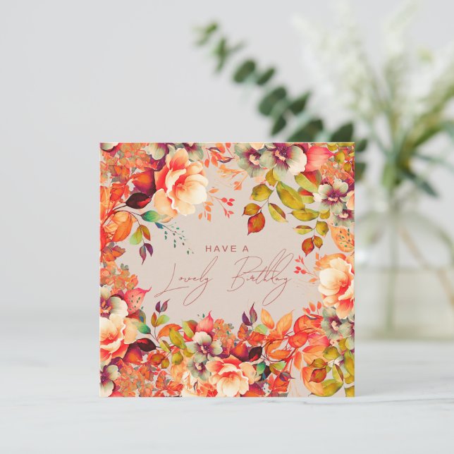 Happy Birthday Fall Autumn Garden Floral Champagne Card (Standing Front)