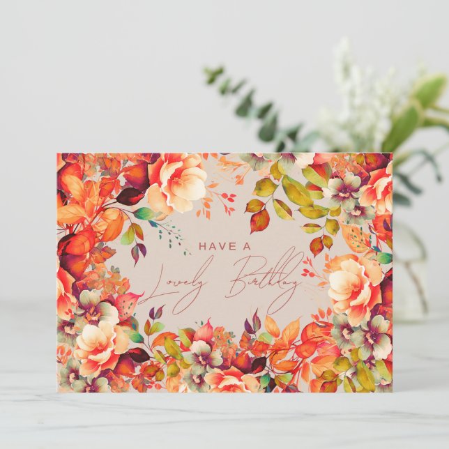 Happy Birthday Fall Autumn Garden Floral Champagne Card (Standing Front)