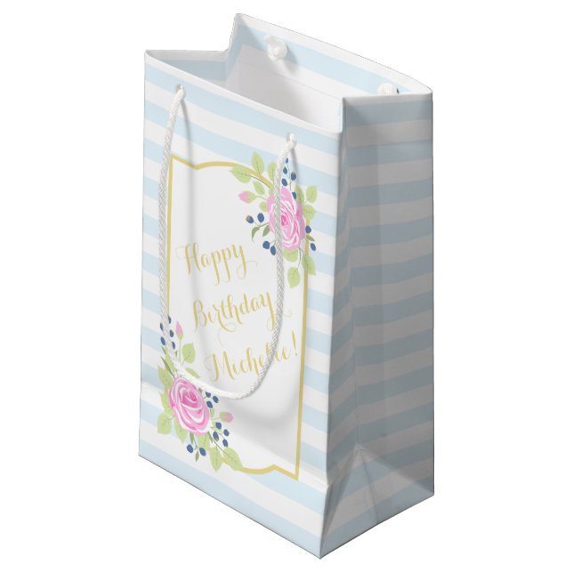 Happy Birthday Fancy Roses Blueberry Gift Bag (Front Angled)
