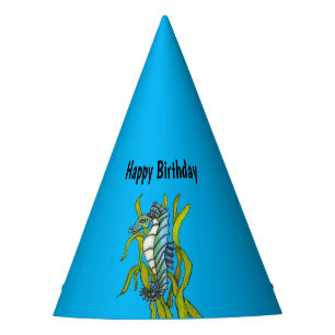 Happy Birthday Fantasy Seahorse Seaweed Blue Party Hat