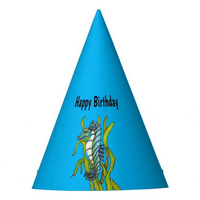 Happy Birthday Fantasy Seahorse Seaweed Blue Party Hat (Front)