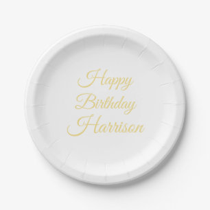 Happy Birthday faux gold custom script name Paper Plate