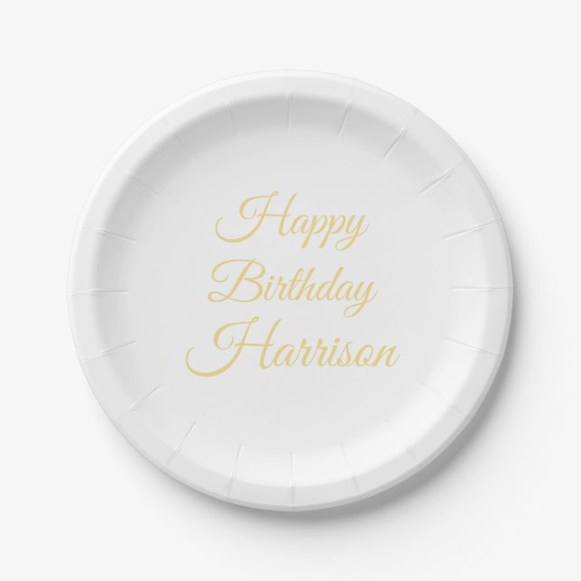 Happy Birthday faux gold custom script name Paper Plate (Front)