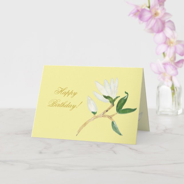 Happy Birthday | Faux Gold Magnolia Branch  Yellow Card (Orchid)