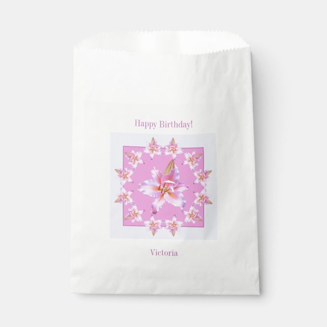 Happy Birthday Favour Bags Lilies Lavender Pink (Front)