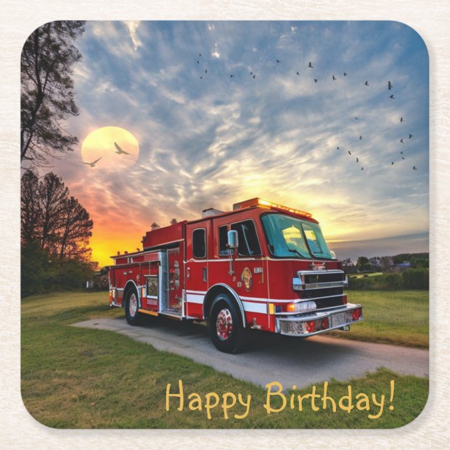 Happy Birthday Fire Engine Paper Coasters (Front)