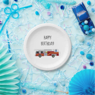 Happy Birthday Firetruck Emergency Vehicle Paper Plate