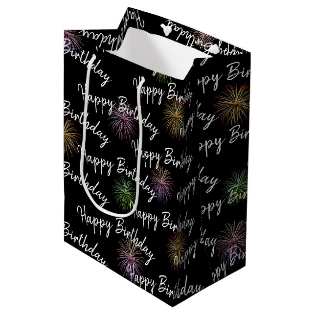 Happy Birthday fireworks on black Medium Gift Bag (Front Angled)