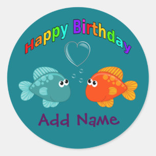 Happy Birthday Fish, Heart, Personalised. Classic Round Sticker