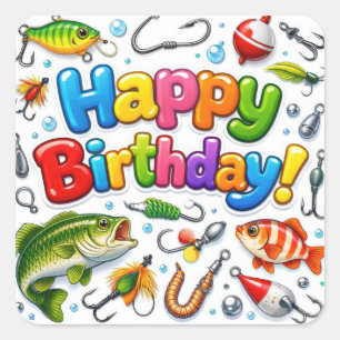 Happy Birthday Fish, Lures and Hooks Square Sticker