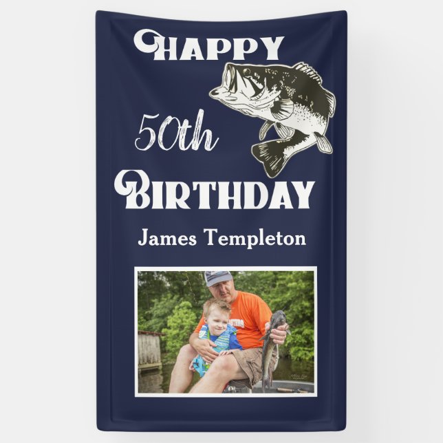 Happy Birthday Fishing Photo Name Father Men's Banner (Vertical)