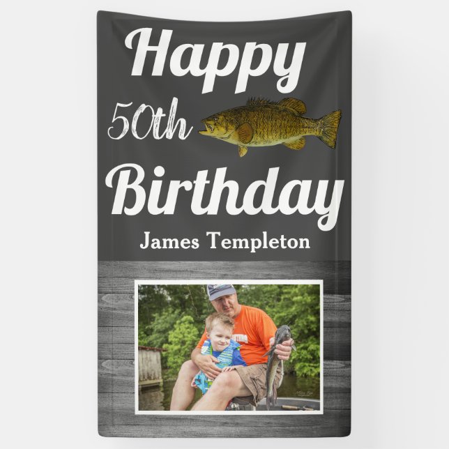 Happy Birthday Fishing Photo Name Father Men's Banner (Vertical)