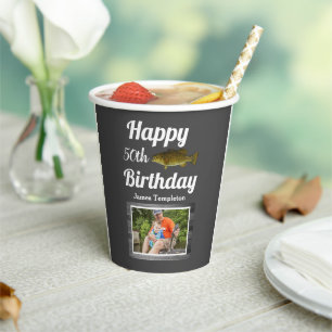 Happy Birthday Fishing Photo Name Father Men's Paper Cups