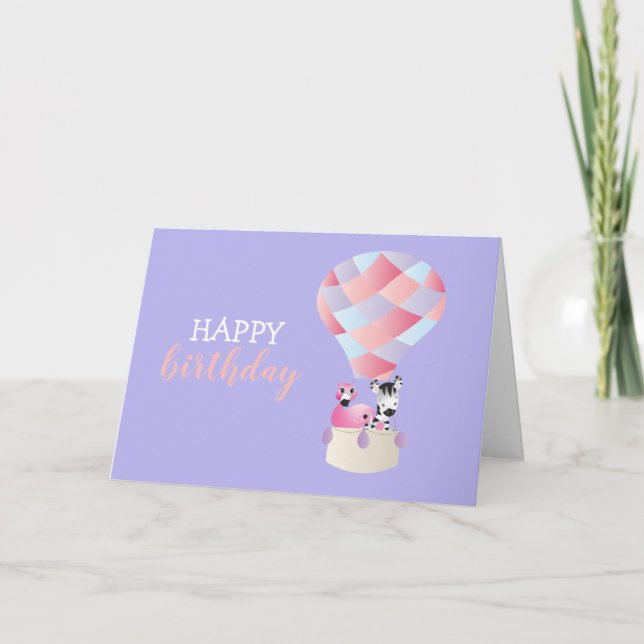 Happy Birthday Flamingo Zebra Hot Air Balloon Card (Front)