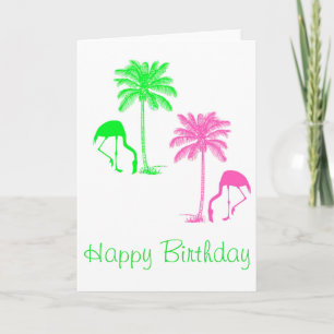Happy Birthday Flamingos Palm Trees Pink Green Card