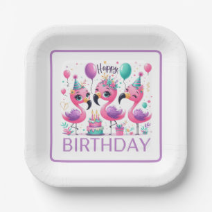 Happy Birthday Flamingos Paper Plate