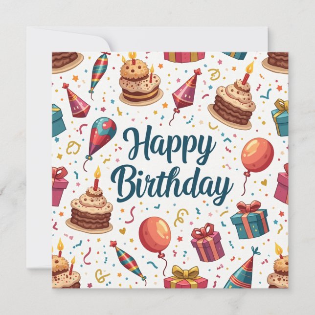 Happy Birthday Flat Card with Balloons and Cake (Front)