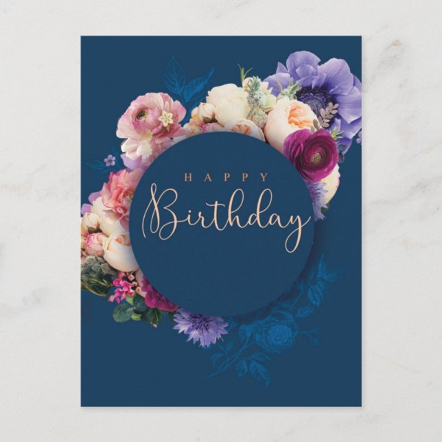 Happy birthday fleurs bleu postcard (Front)