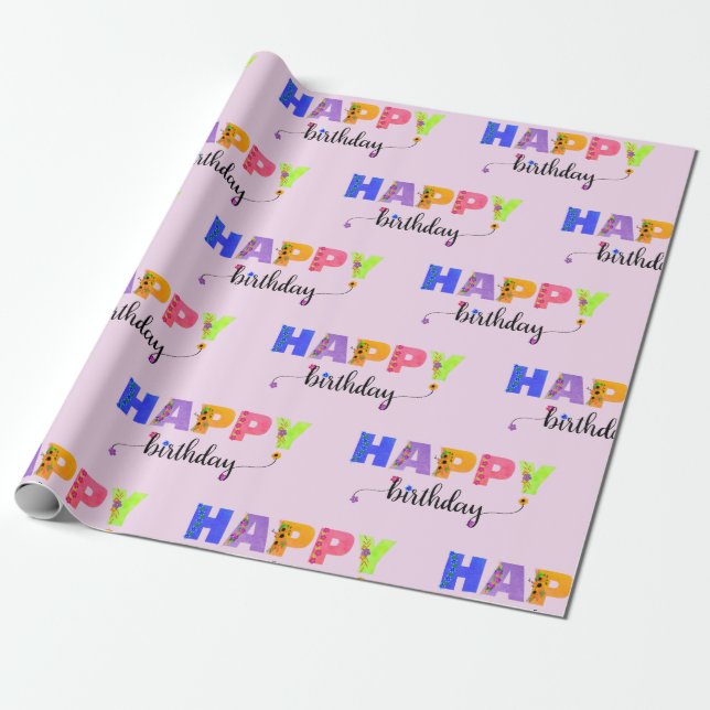 Happy Birthday Floral Accented Letters  Wrapping Paper (Unrolled)