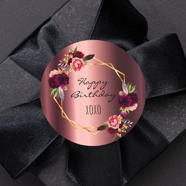 Happy birthday floral burgundy gold metallic classic round sticker (Creator Uploaded)