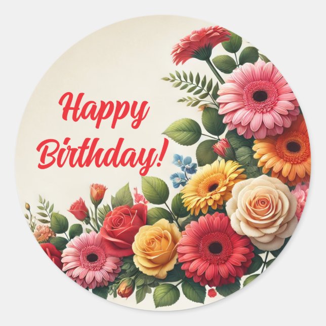 Happy Birthday Floral Classic Round Sticker (Front)
