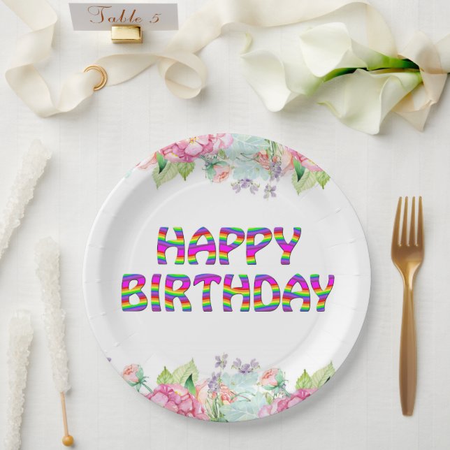Happy Birthday floral design Paper Plate (Wedding)