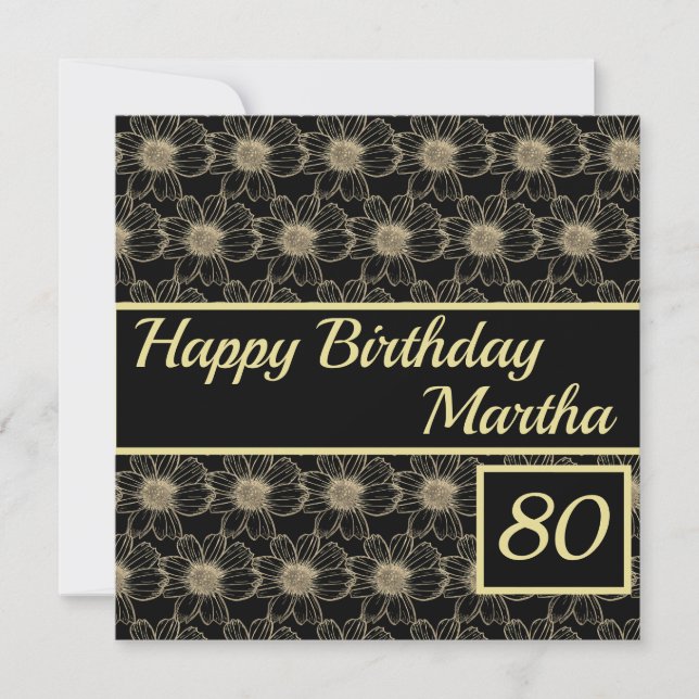 Happy Birthday Floral Gold Black Custom Card (Front)