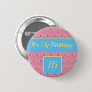Happy Birthday Floral gold/ Pink/ Blue design 6 Cm Round Badge