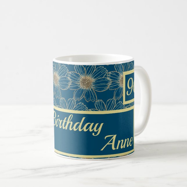 Happy Birthday Floral gold Teal design  Coffee Mug (Front Right)