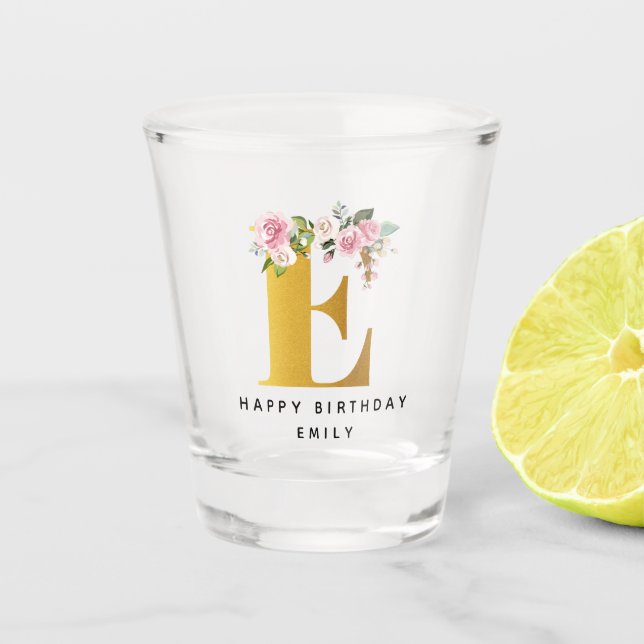 Happy Birthday Floral Monogram Personalised Name Shot Glass (Front)