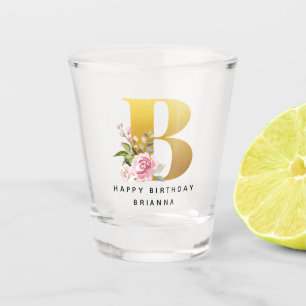 Happy Birthday Floral Monogram Personalised Name Shot Glass
