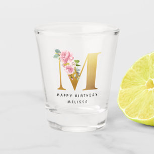 Happy Birthday Floral Monogram Personalised Shot Glass