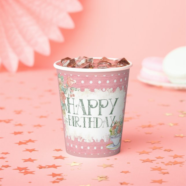 Happy Birthday Floral Pink Party Paper Cup (Insitu)