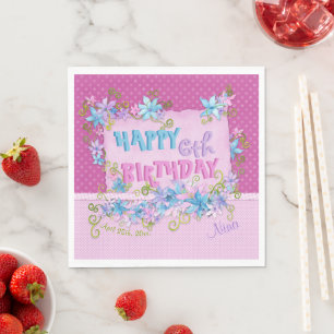 Happy Birthday Floral Pink Purple Polka Dots Napkin