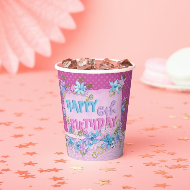 Happy Birthday Floral Pink Purple Polka Dots Paper Cups (Insitu)