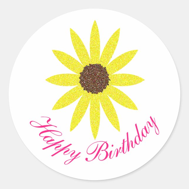 Happy Birthday Floral Sunflower Flower Pink Yellow Classic Round Sticker (Front)