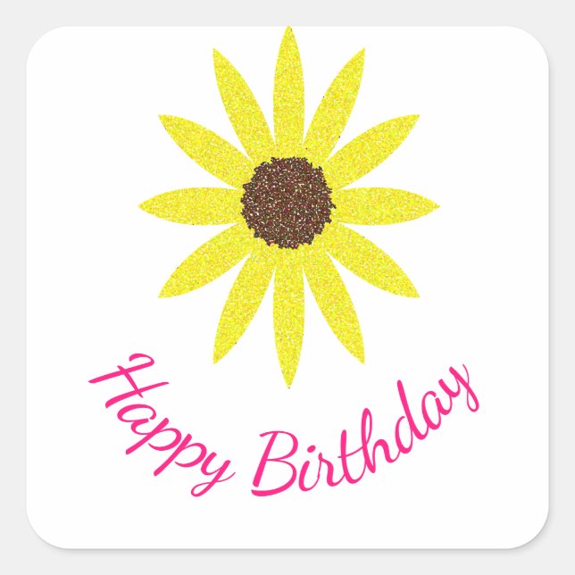 Happy Birthday Floral Sunflower Flower Yellow Pink Square Sticker (Front)